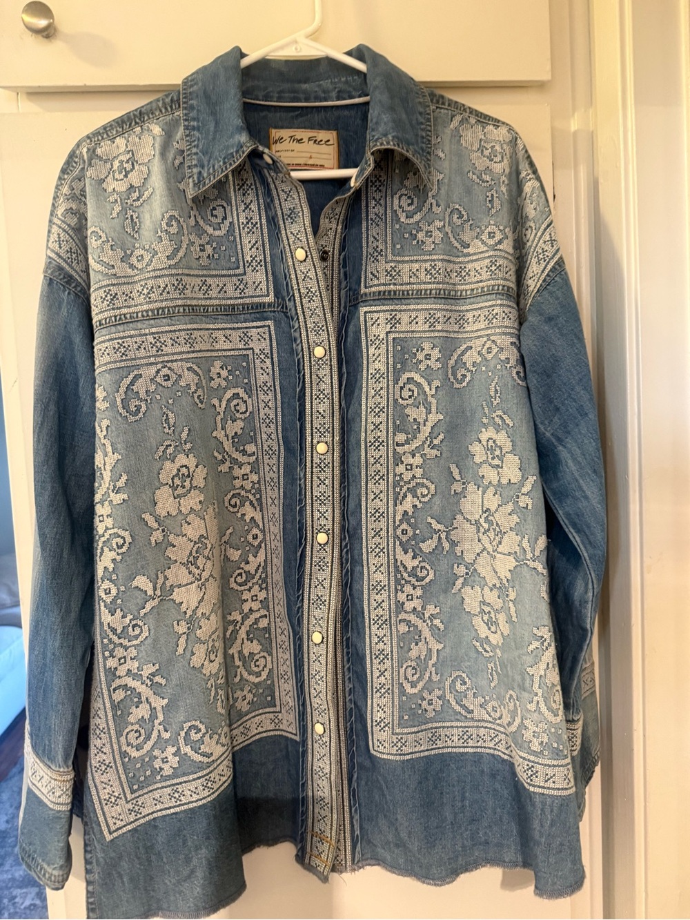 Free People Light Blue Denim Paisley Embroidered oversized chore cottagecore